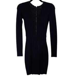 French Connection Size 0 Black Lace Inset Long Sleeve Ponte Knit Bodycon Dress